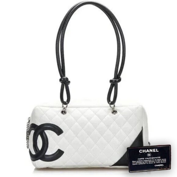 Authentic CHANEL Cambon Quilted Ligne Shoulder Bowling Bowler Bag Tote White